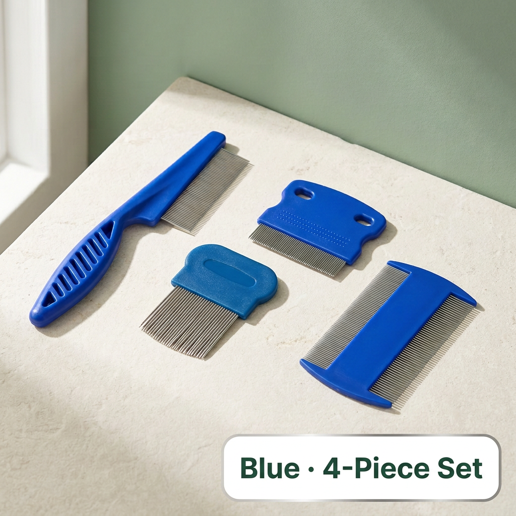 Blue 4-piece flea comb set with color and quantity label