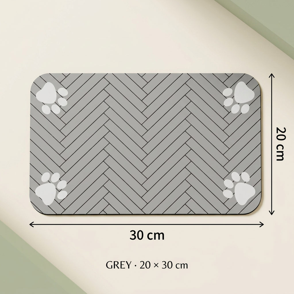 Grey feeding mat size guide, 20 by 30 cm