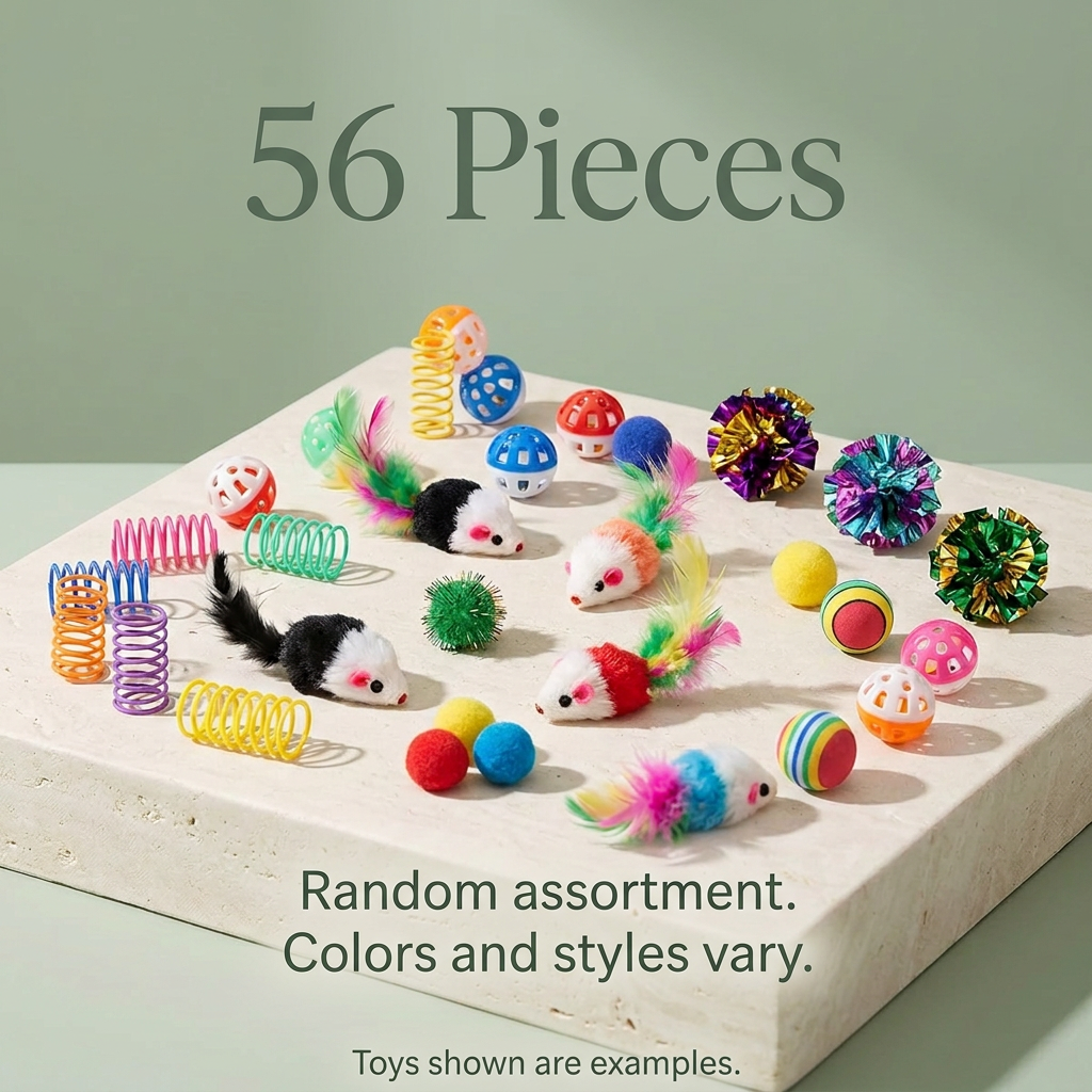 Representative cat toy assortment labeled 56 Pieces, with colors and styles varying and toys shown as examples