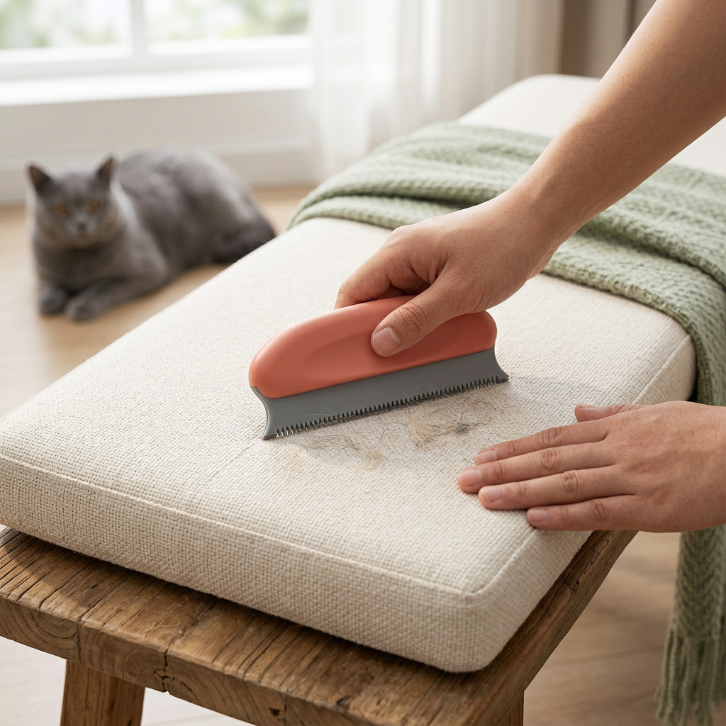 Coral hair remover cleaning a flat upholstery cushion with a British Shorthair cat nearby
