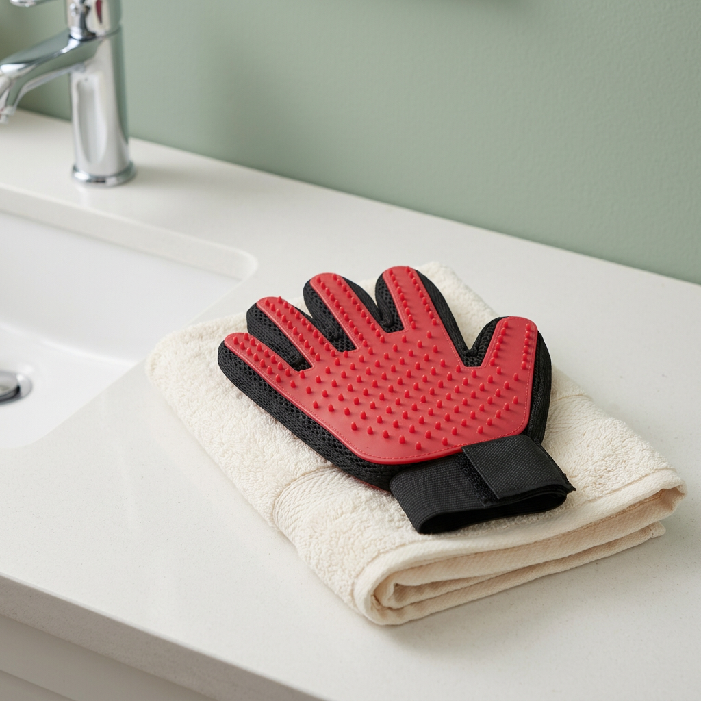 Red grooming glove on an ivory towel beside a sink
