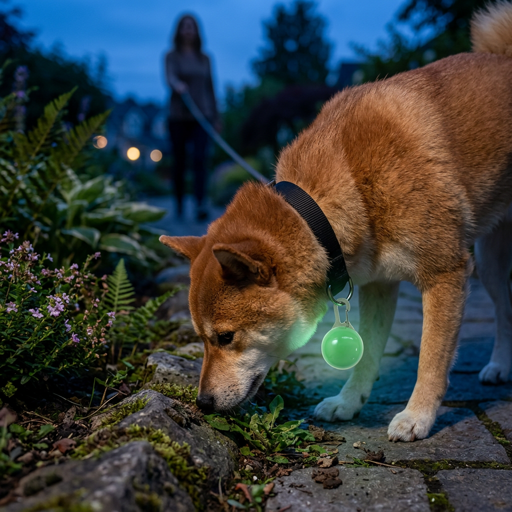 Shiba Inu sniffing beside a garden path wearing green LED pendant