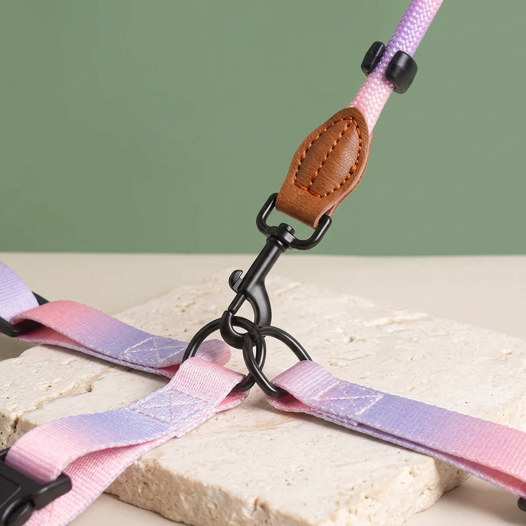 Close-up of pink-purple leash snap connected to paired harness attachment rings