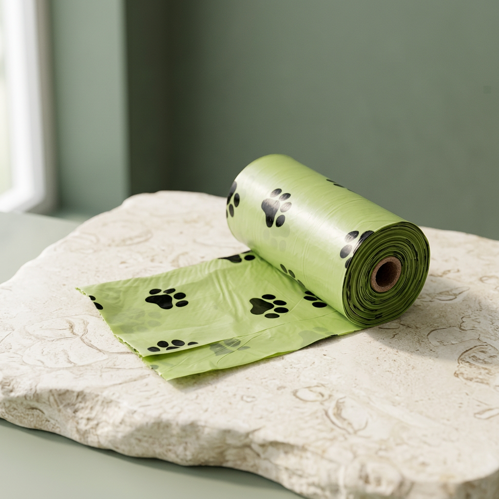 Green paw-print dog waste bag roll partially unrolled on ivory stone