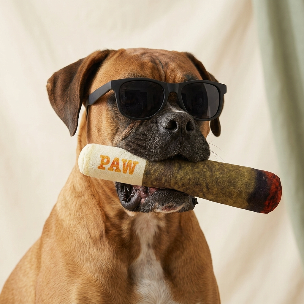 Boxer wearing sunglasses holding PAW plush toy in its mouth
