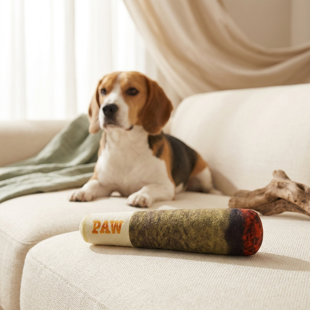 PAW toy on sofa with beagle behind