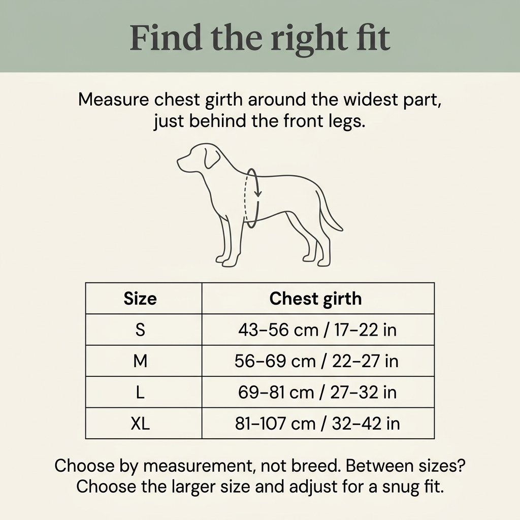 Dog harness chest girth size guide for sizes S through XL