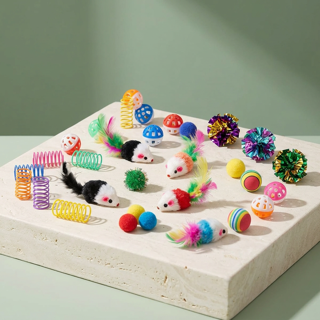 Example assortment of colorful cat springs balls mouse toys and crinkle toys