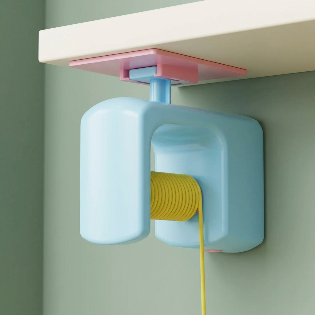 Mounting plate and yellow cord reel on the blue hanging cat toy