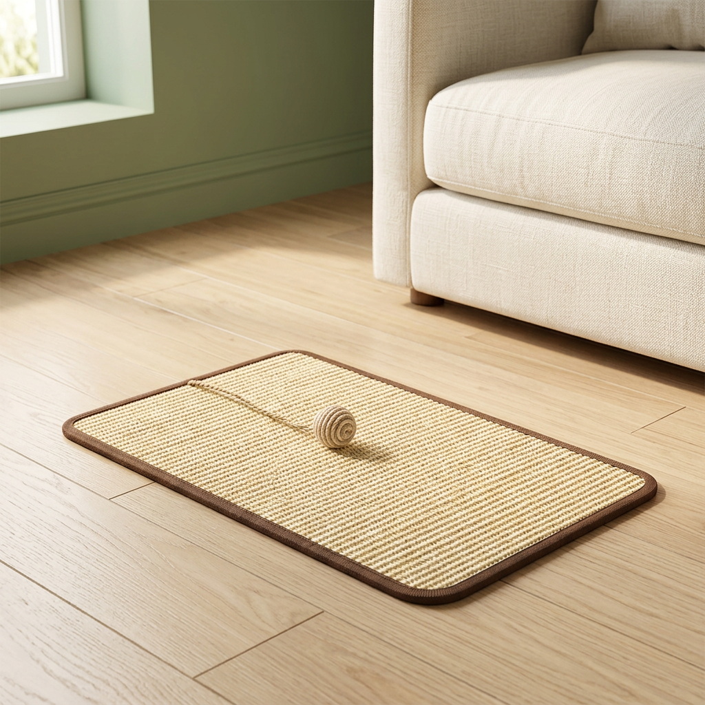 Sisal cat scratching pad beside an ivory sofa