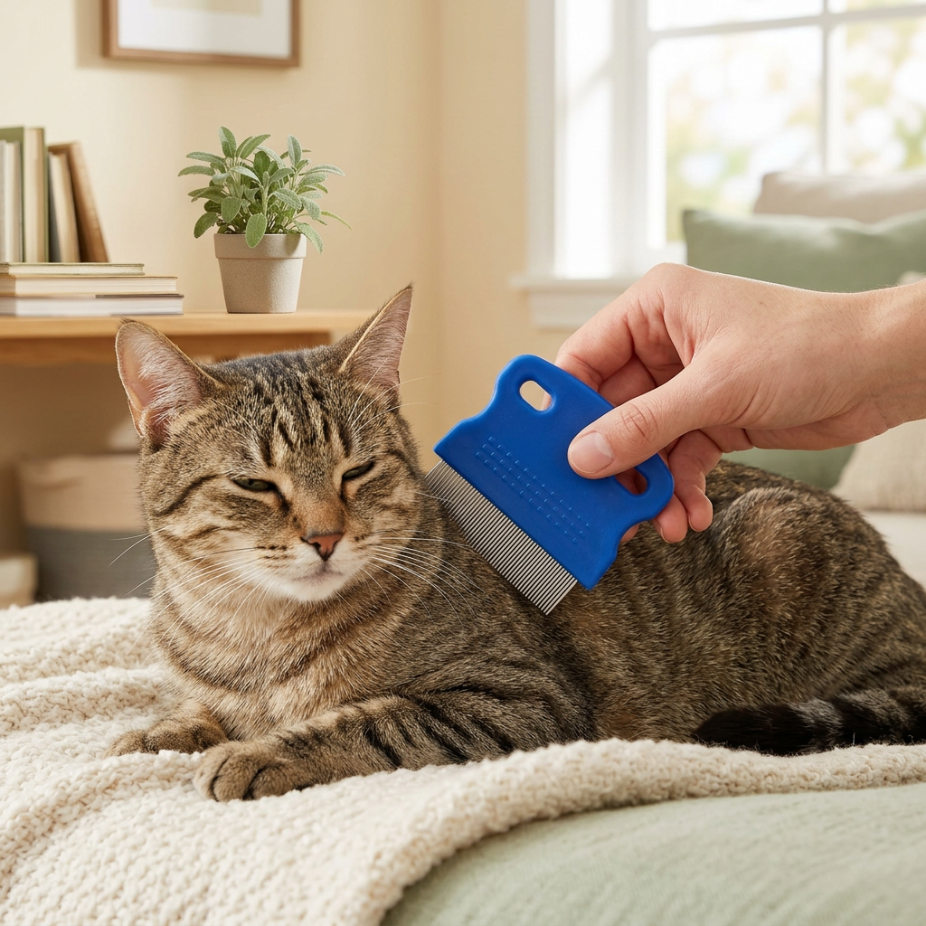 Tabby cat being groomed with a compact blue two-hole comb