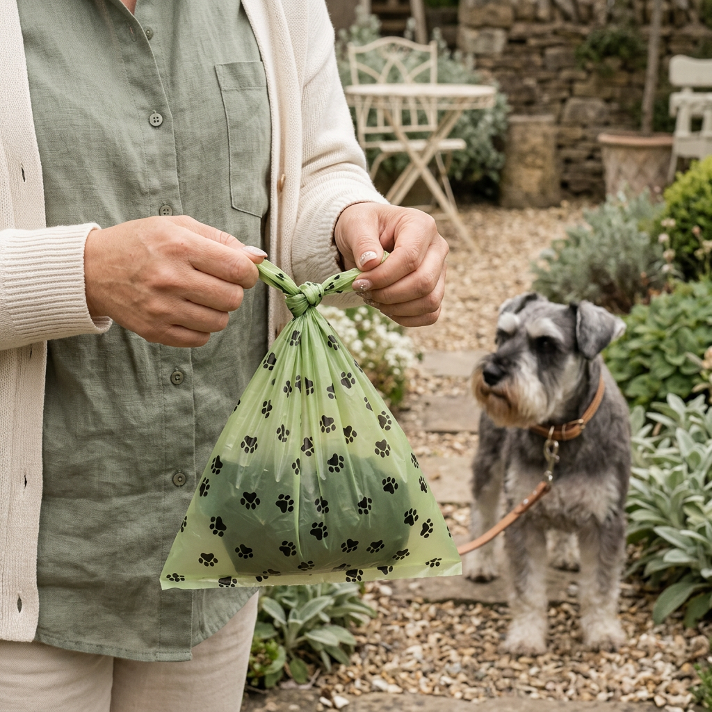 Adult tying a green waste bag closed beside a miniature schnauzer