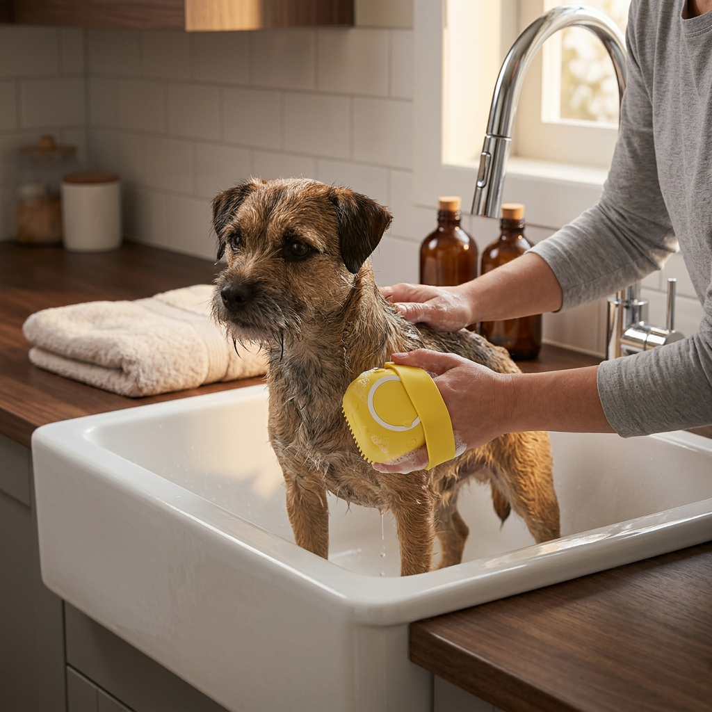 Terrier being bathed with a yellow pet bathing brush