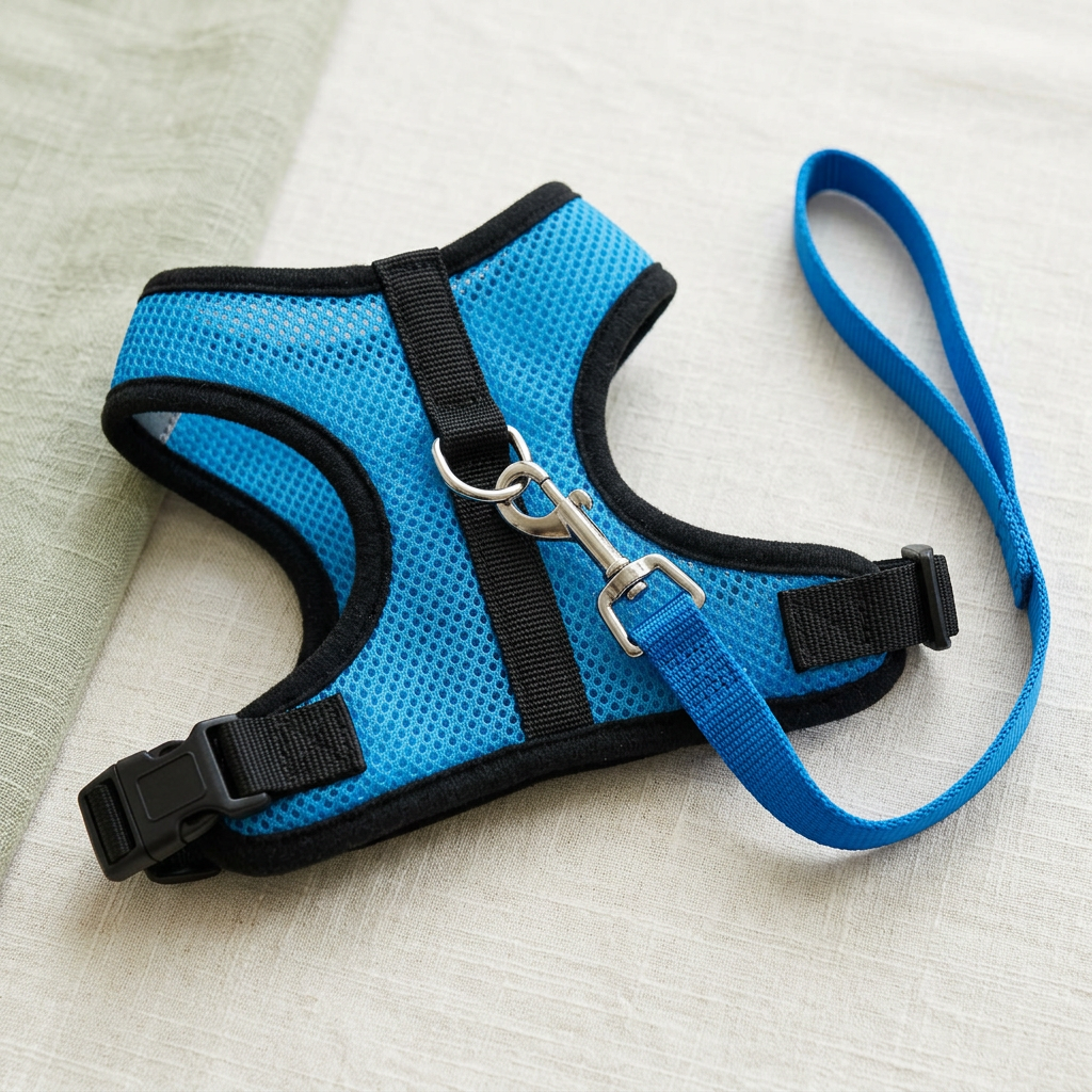 Blue leash snap attached to the harness back D-ring