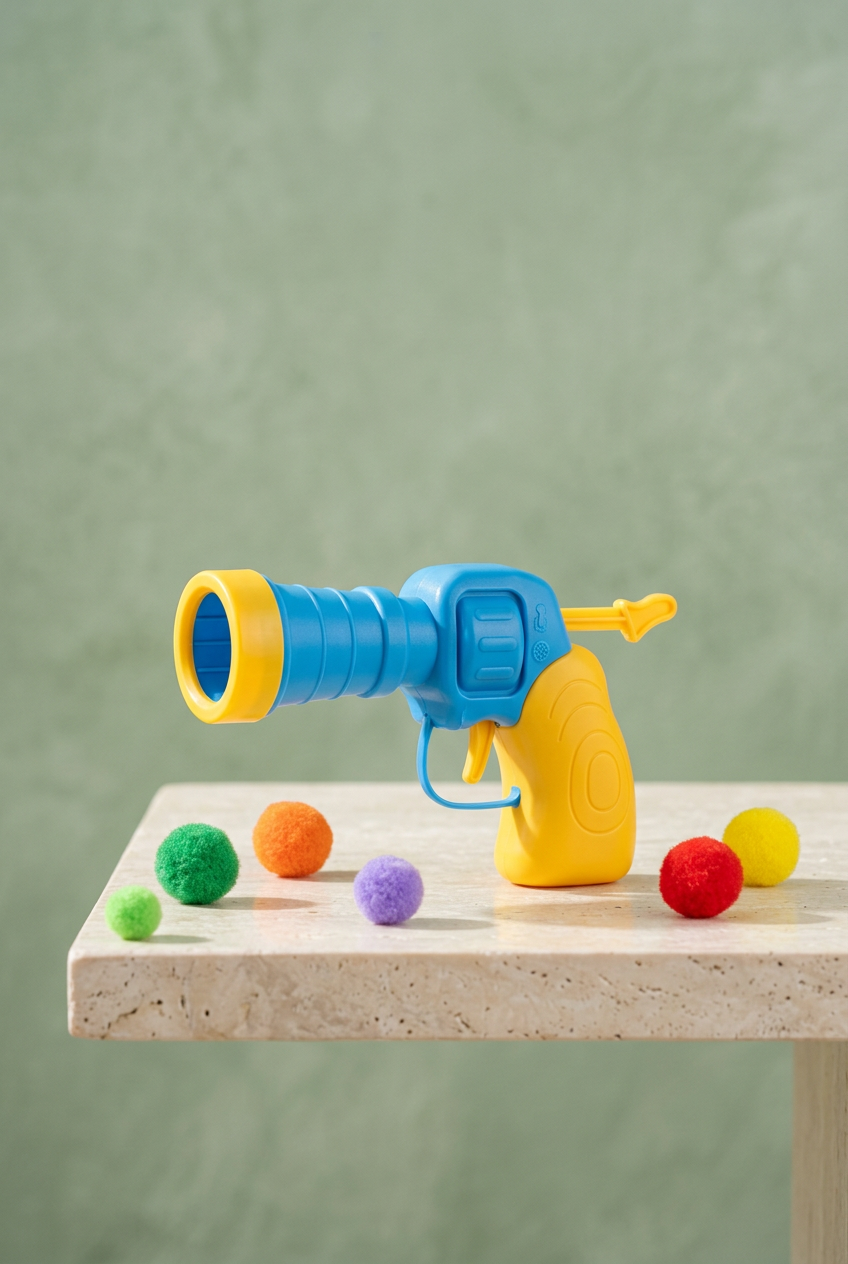 Portrait composition of the blue and yellow cat ball launcher with colorful pom-poms