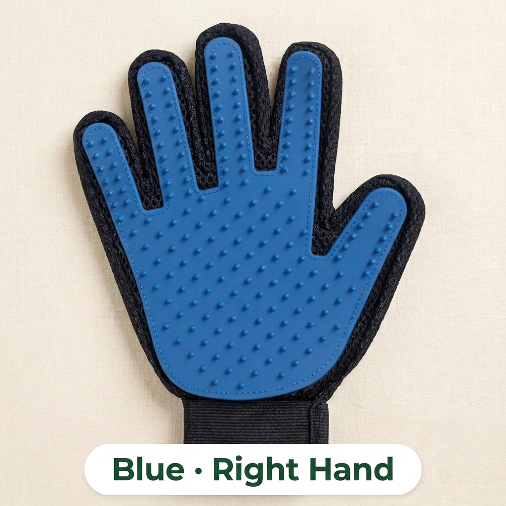 Blue grooming glove labeled Blue Right Hand