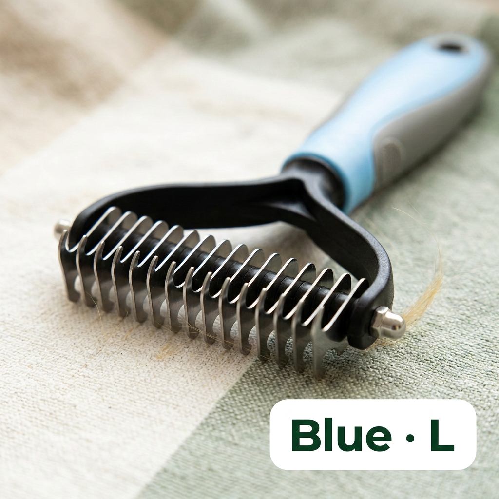 Blue L deshedding and dematting brush with color and size label