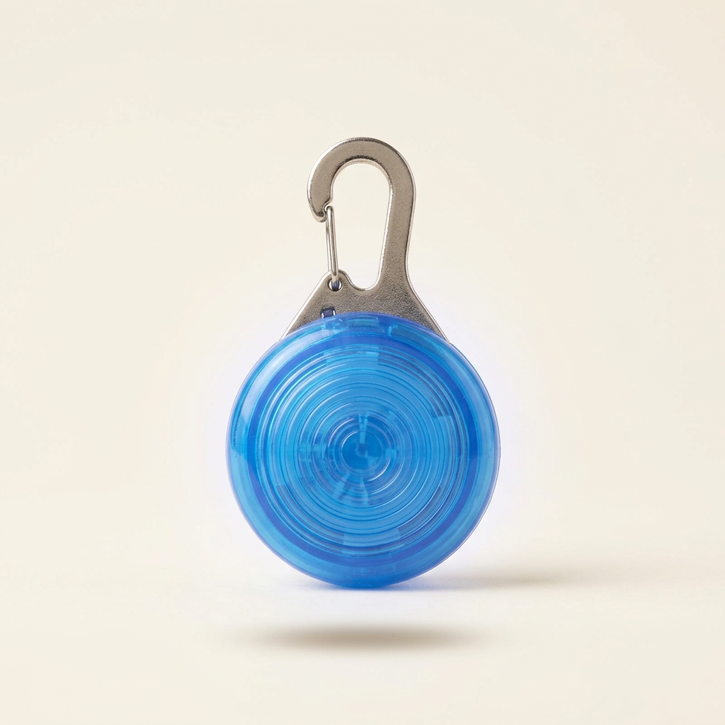 Blue clip-on LED pet collar light on cream background
