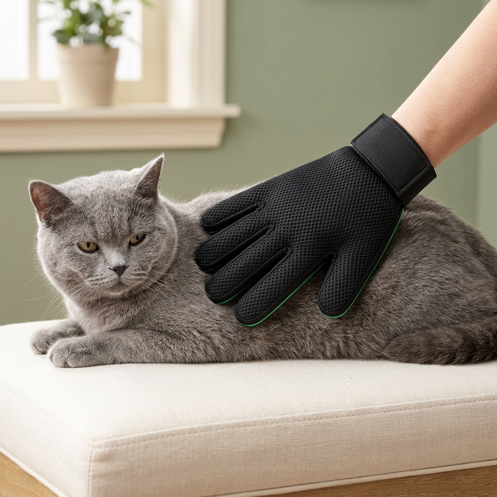 British Shorthair cat being gently groomed