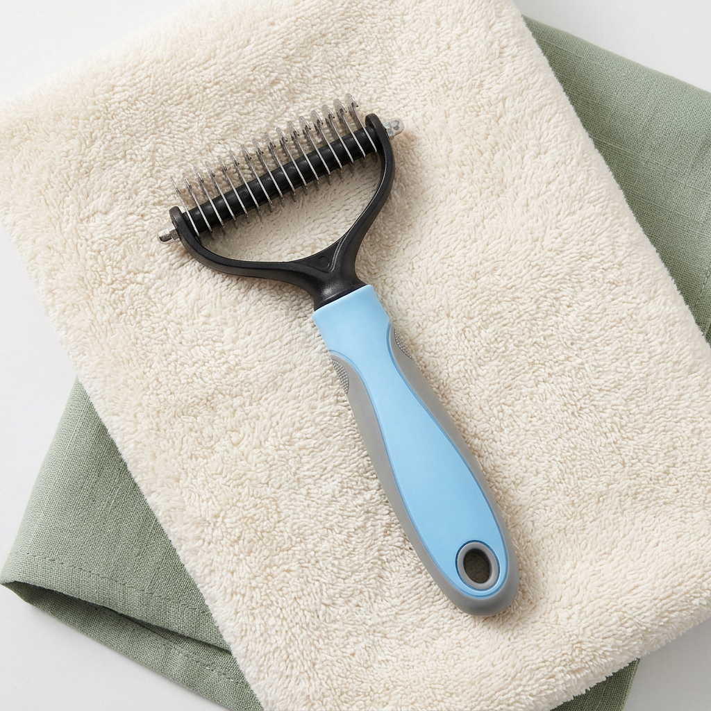 Blue grooming brush on ivory towel