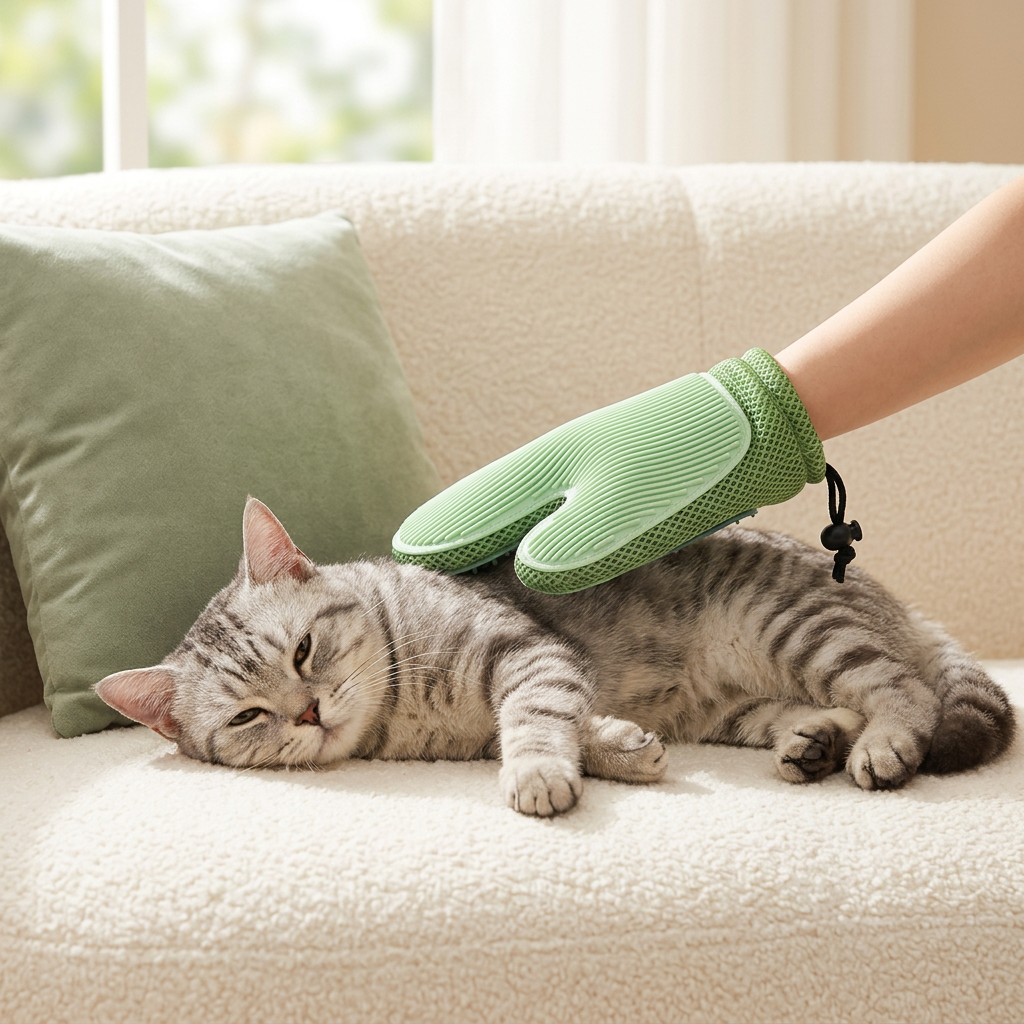 Light green grooming mitt used on a resting tabby cat