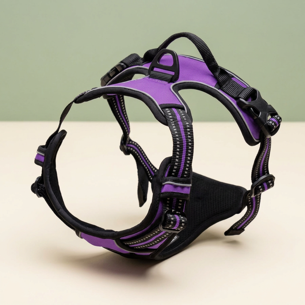 Purple adjustable dog vest harness with black straps