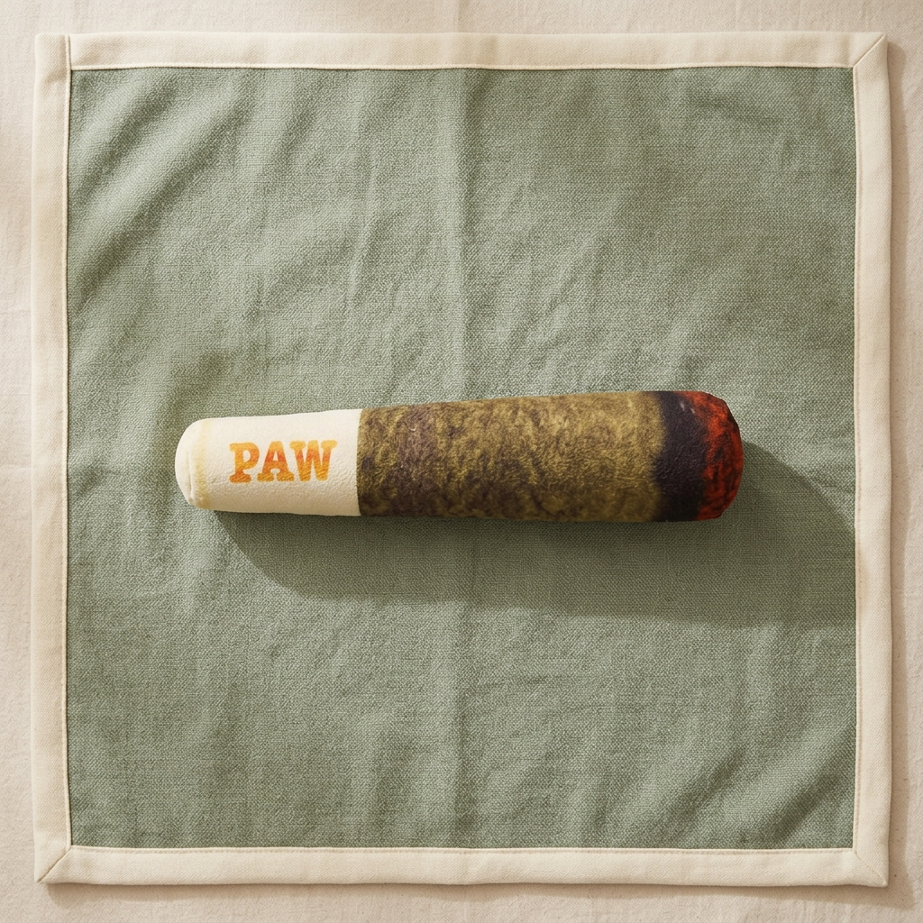 Overhead view of PAW toy on sage cloth
