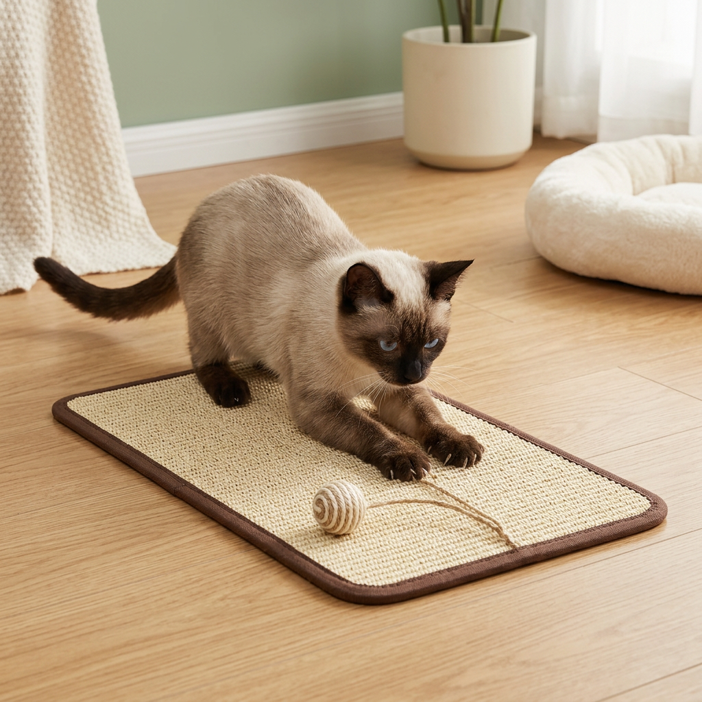 Siamese cat scratching a sisal pad on the floor