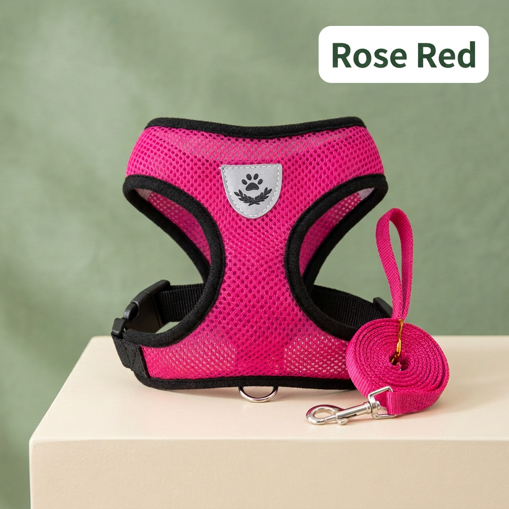 Rose red mesh harness and matching leash with Rose Red color-only label