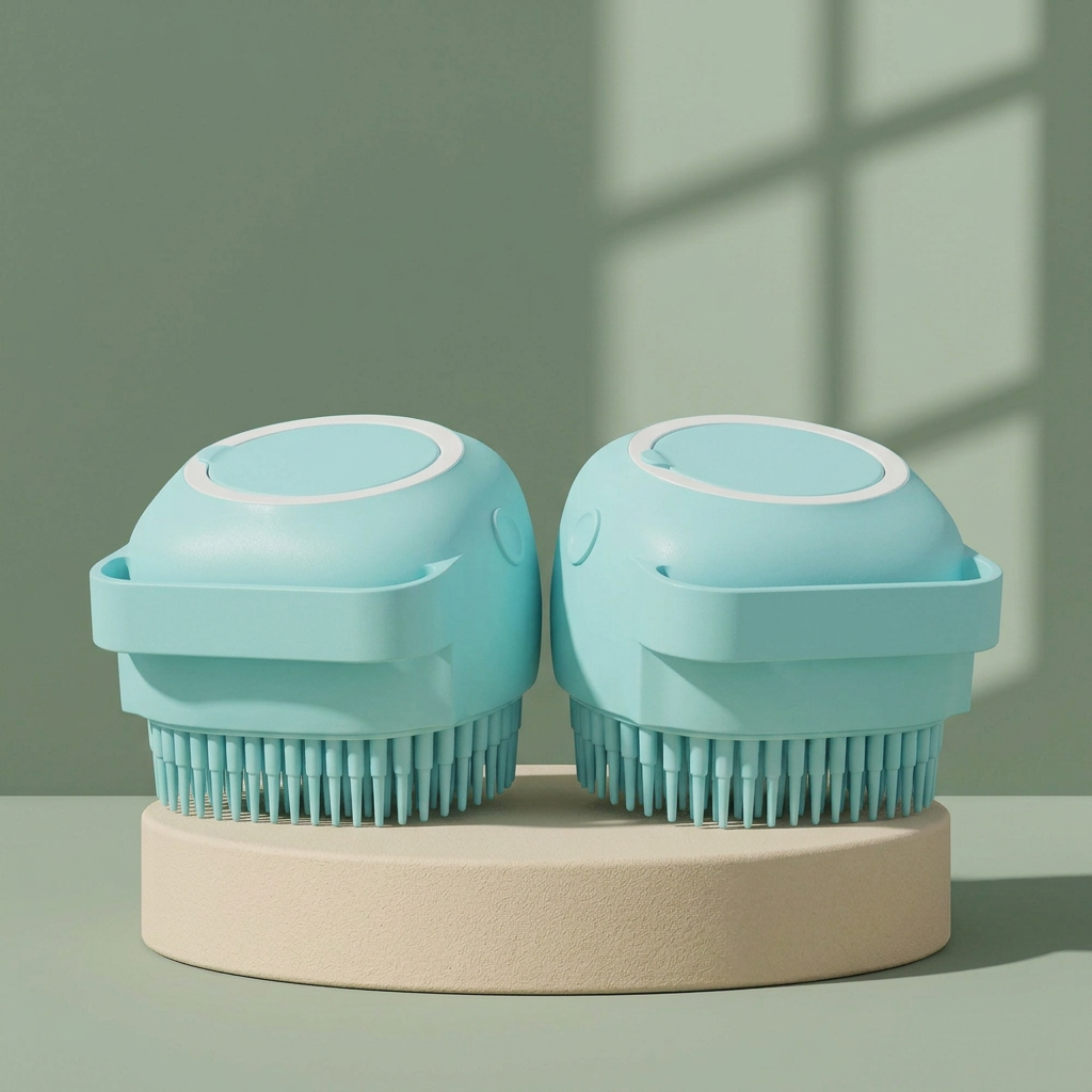 Two blue pet bathing brushes on a cream pedestal