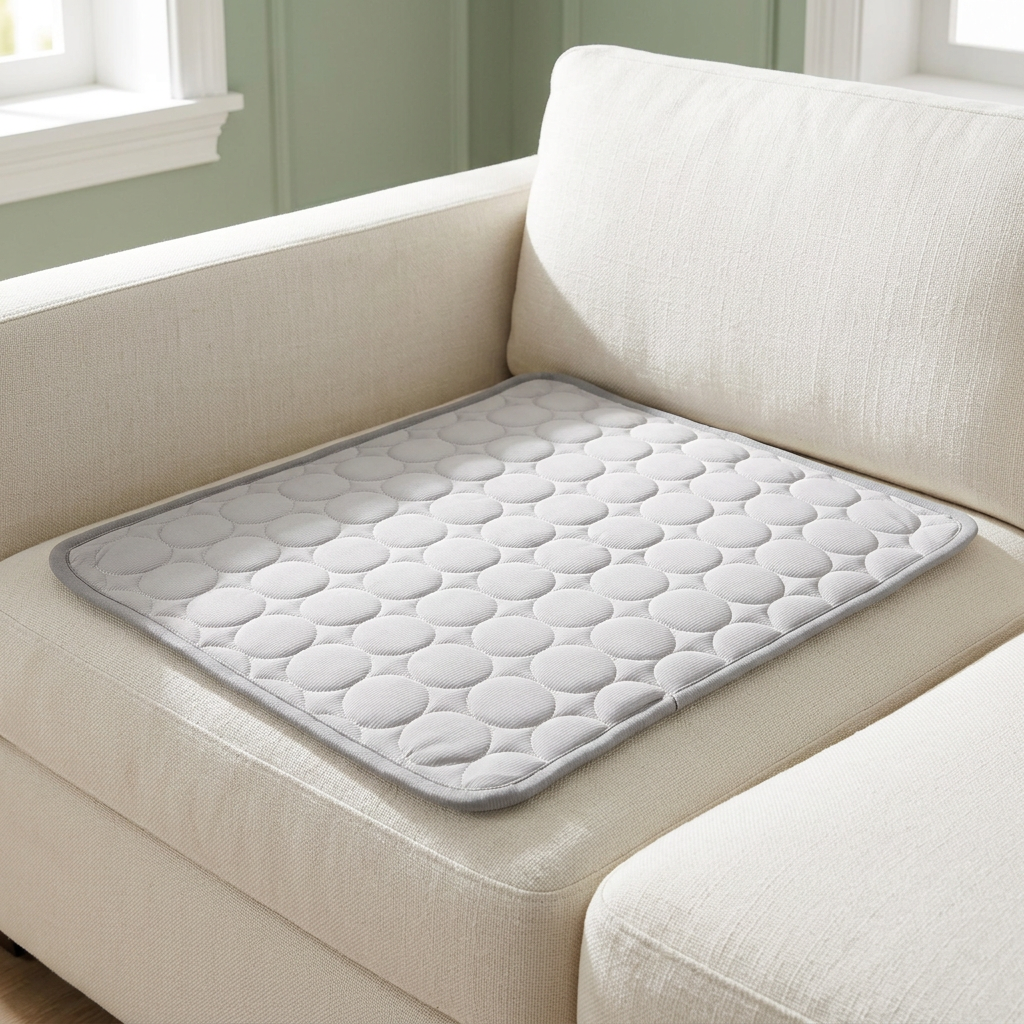 Grey quilted pet mat on an ivory sofa