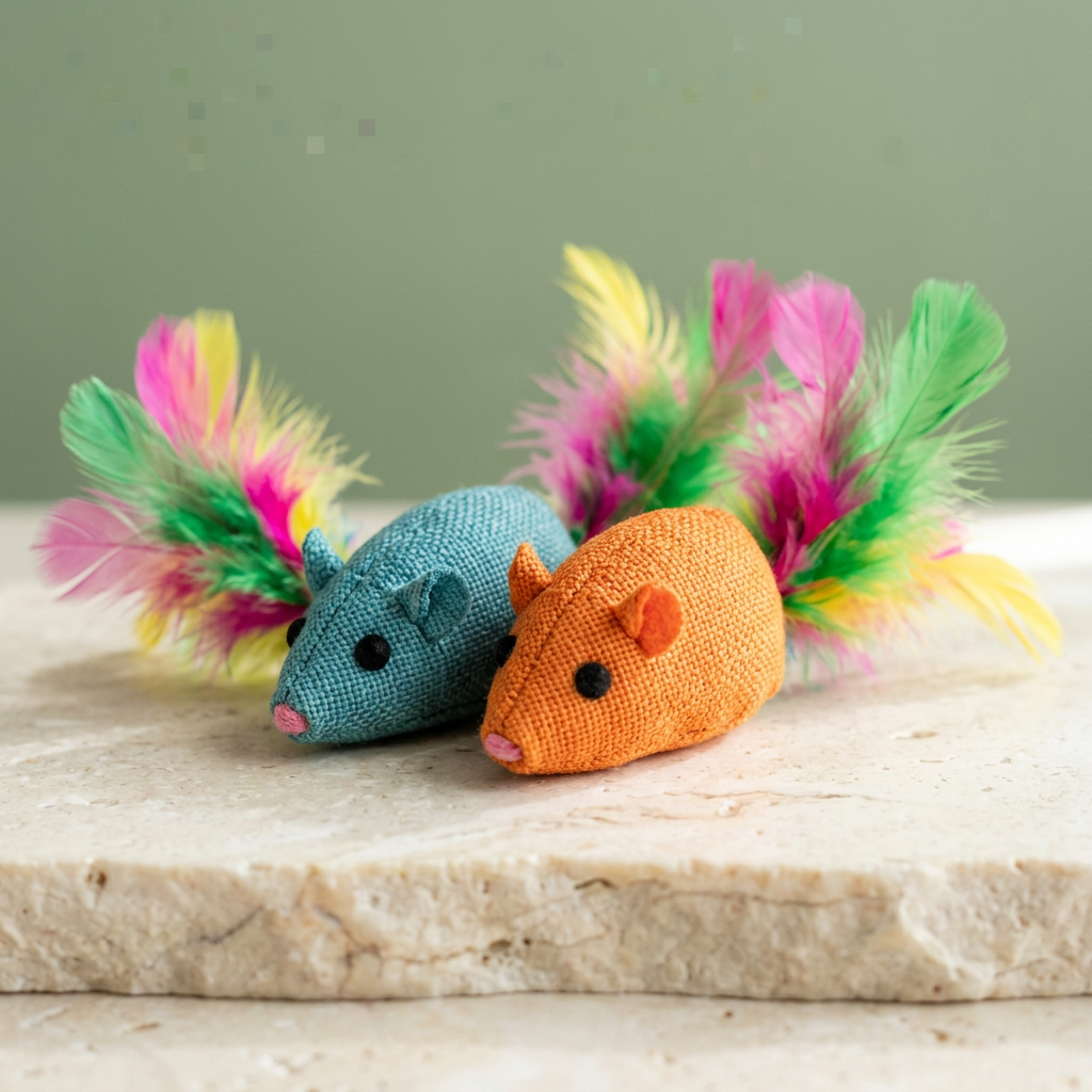 Examples of colorful feather-tail mouse cat toys