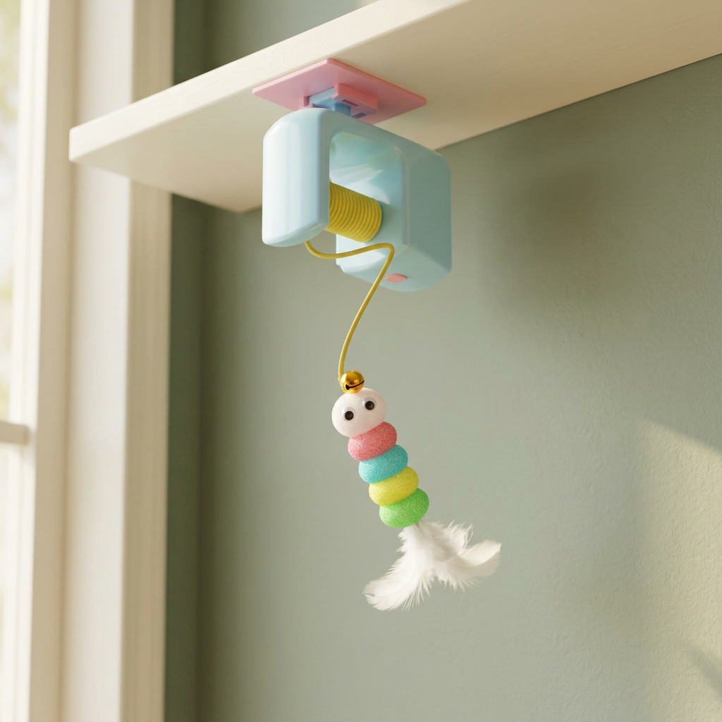Blue hanging cat toy with pink mounting plate and caterpillar feather lure