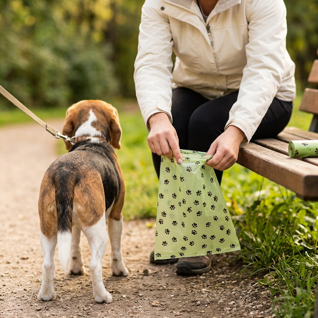 Adult opening a green waste bag while a beagle waits on a park walk