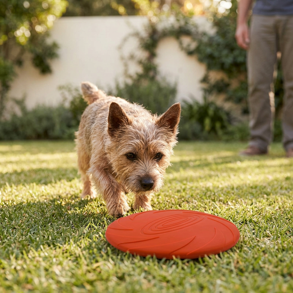Terrier approaching a red disc on grass during supervised play