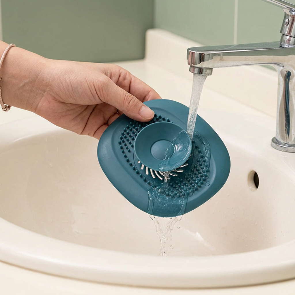 Adult rinsing a blue drain hair catcher under a bathroom tap