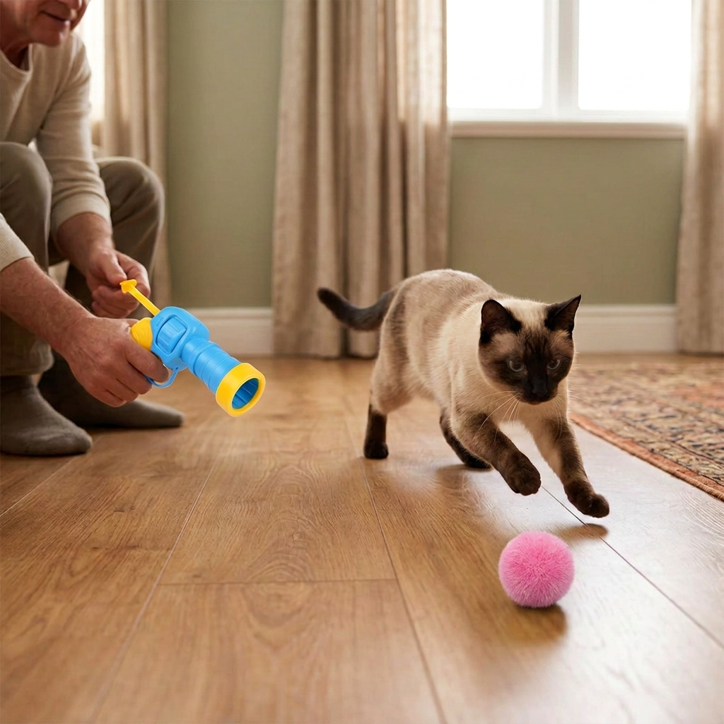 Siamese cat chasing a pink pom-pom ball during supervised play