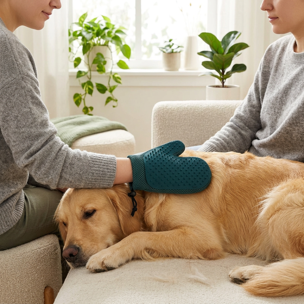 Dark blue grooming mitt during a golden dog's grooming session