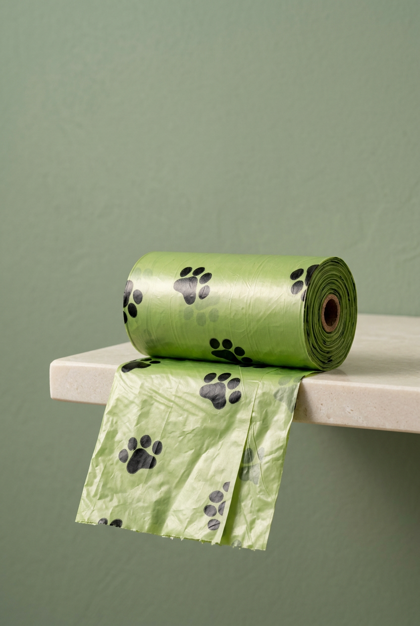 Portrait composition of a green paw-print waste bag roll with a loose bag end