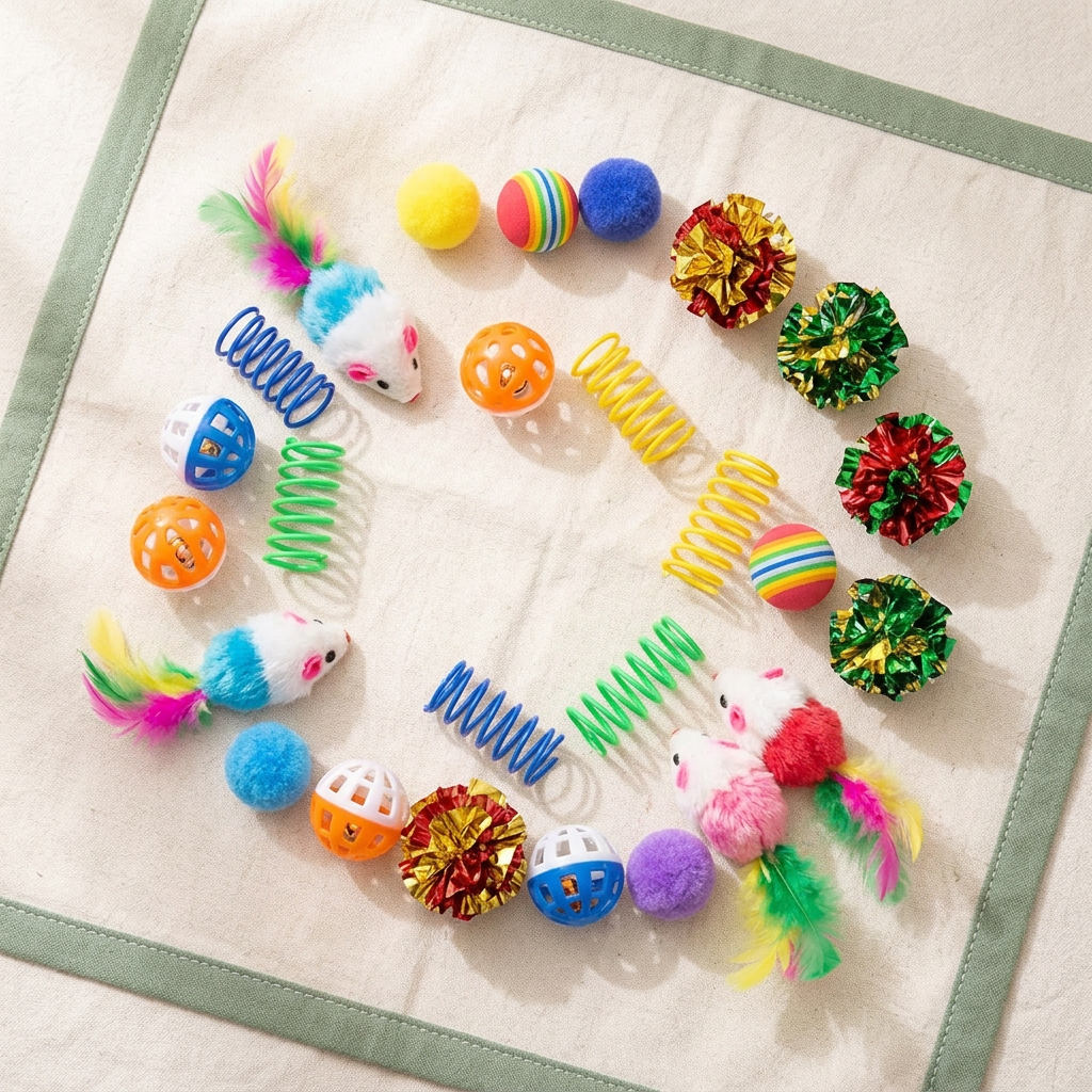 Representative cat toy assortment arranged on cream linen