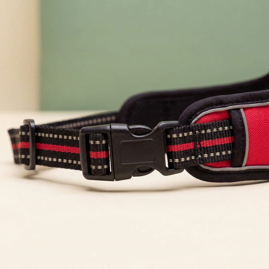 Close-up of the red harness side-release buckle and adjustable striped webbing