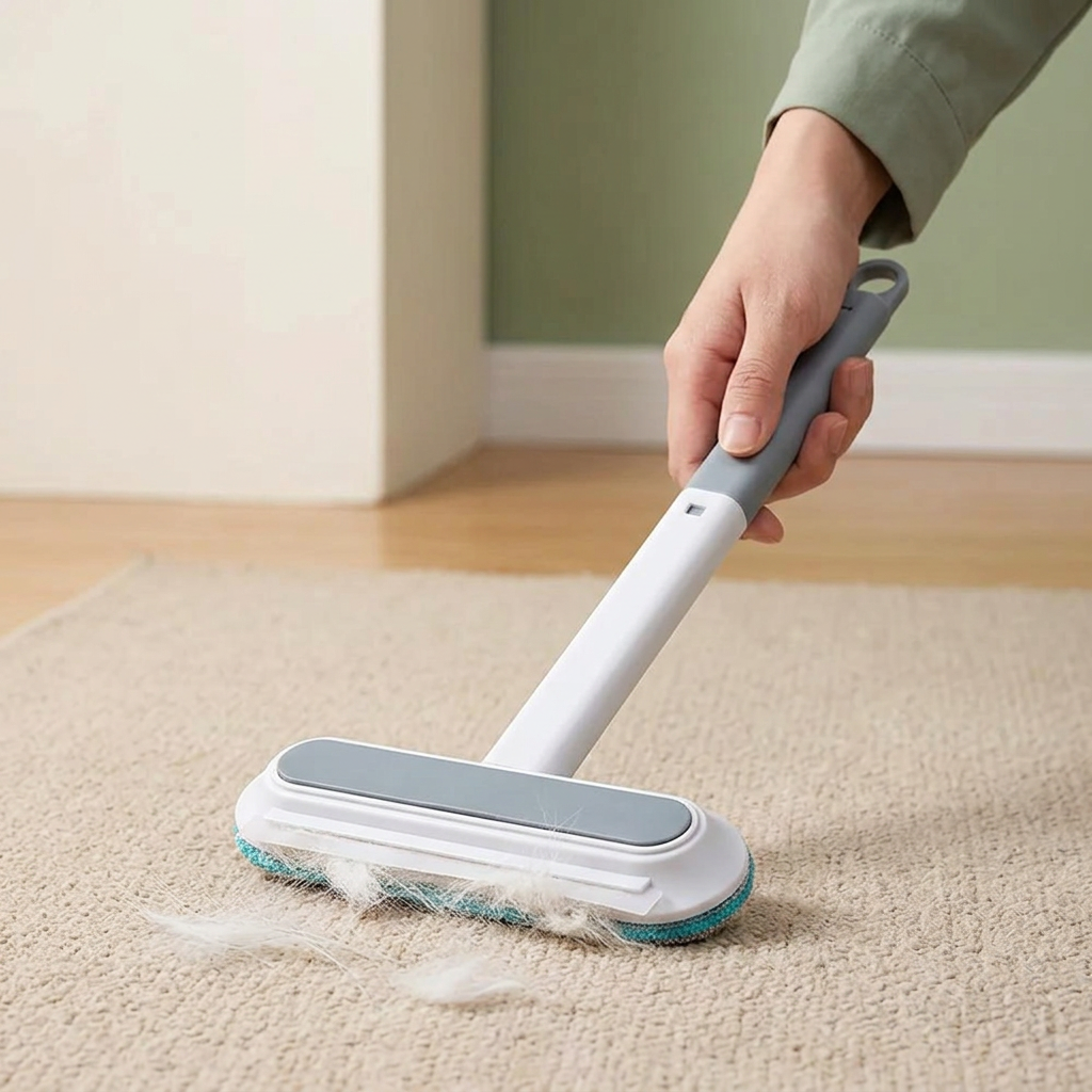 Pet hair brush gathering loose white fur from a beige low-pile rug