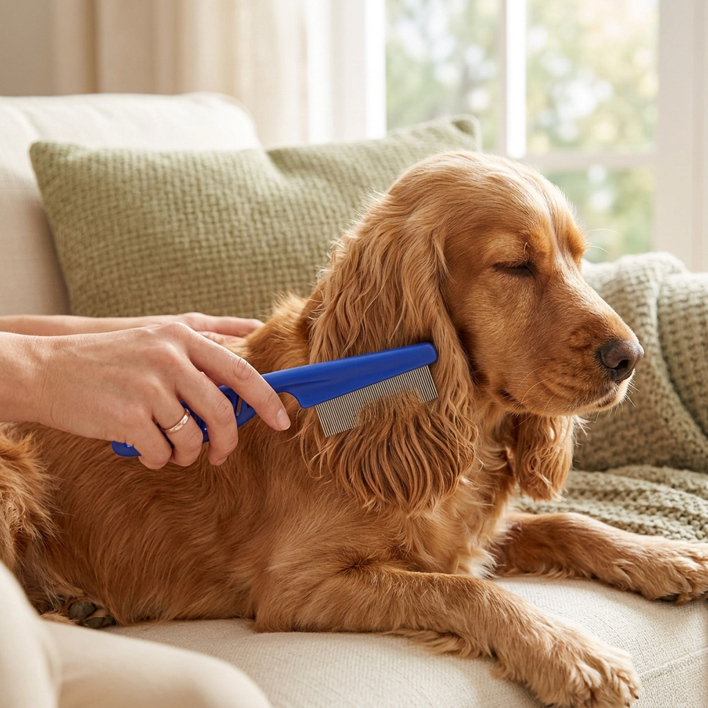 Spaniel being gently groomed with a blue handled flea comb