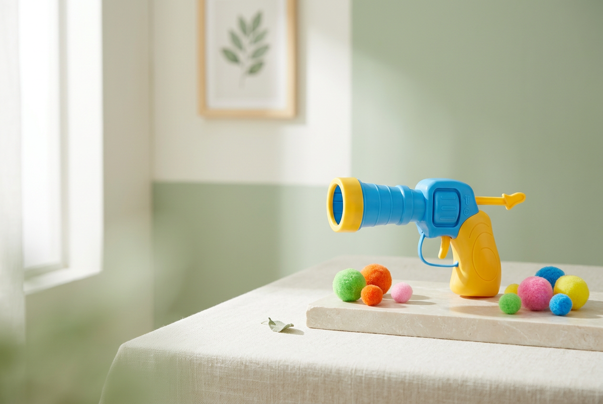 Wide composition of the cat ball launcher and colorful pom-poms in an ivory and sage setting