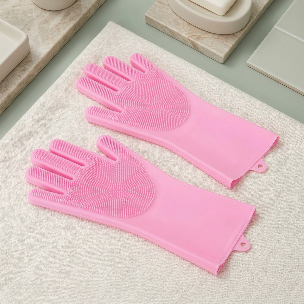 Overhead view of pink grooming gloves on ivory linen