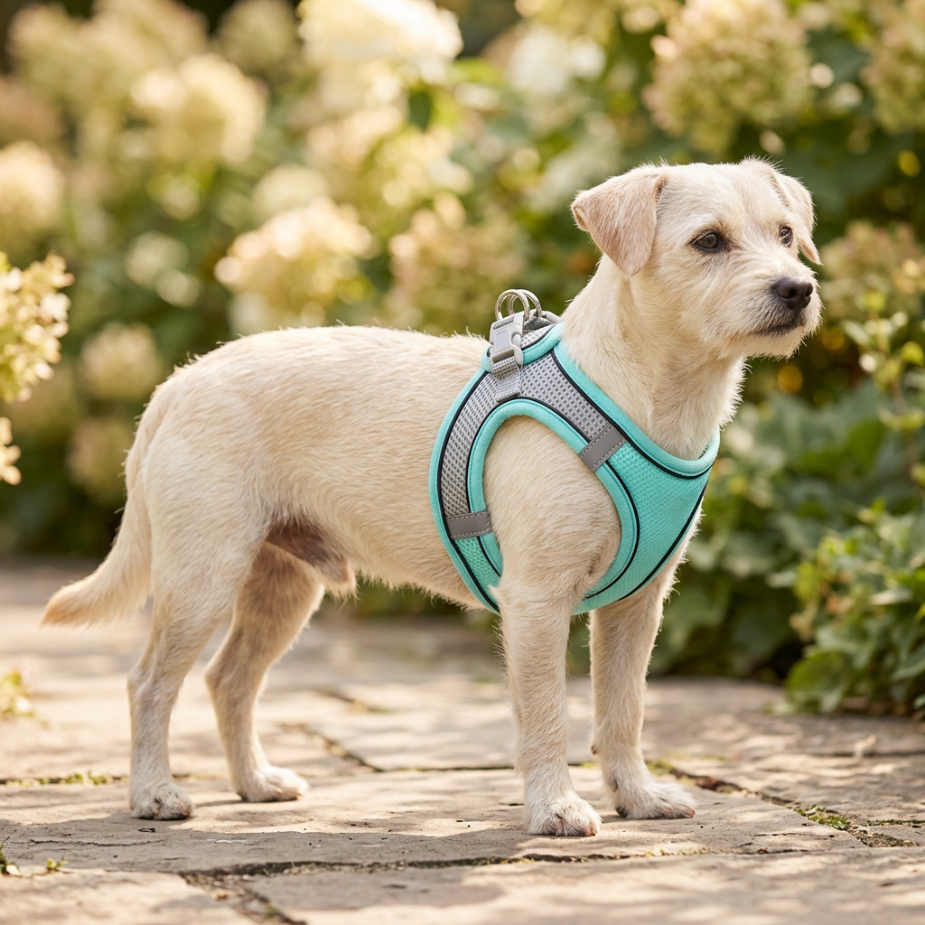 Small cream dog wearing a turquoise and gray mesh harness on a garden path