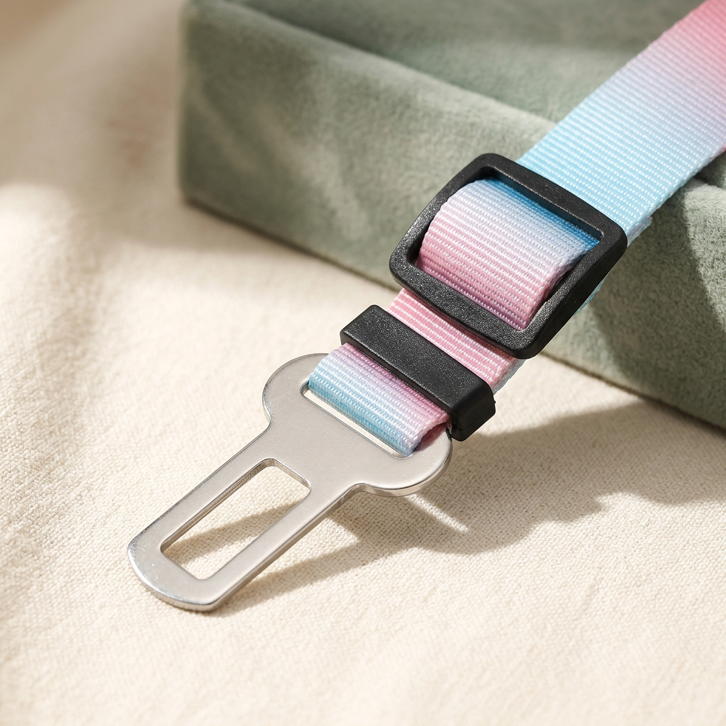 Close-up of slotted metal seatbelt tongue and black adjustment slider