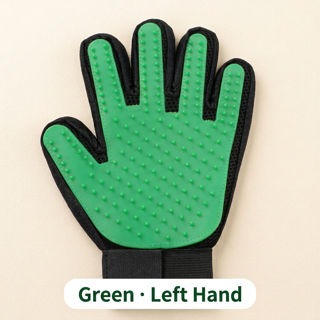 Green grooming glove labeled Green Left Hand