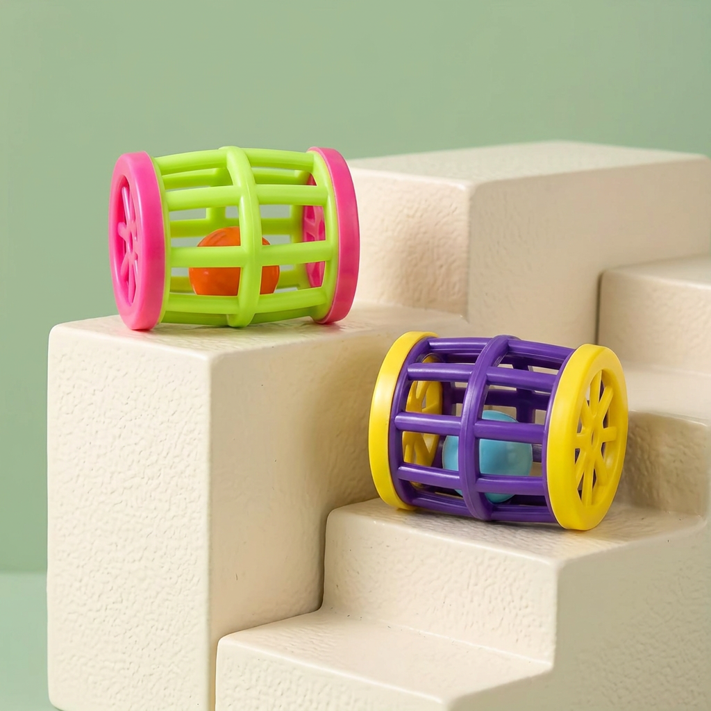 Examples of colorful barrel-shaped cage cat toys