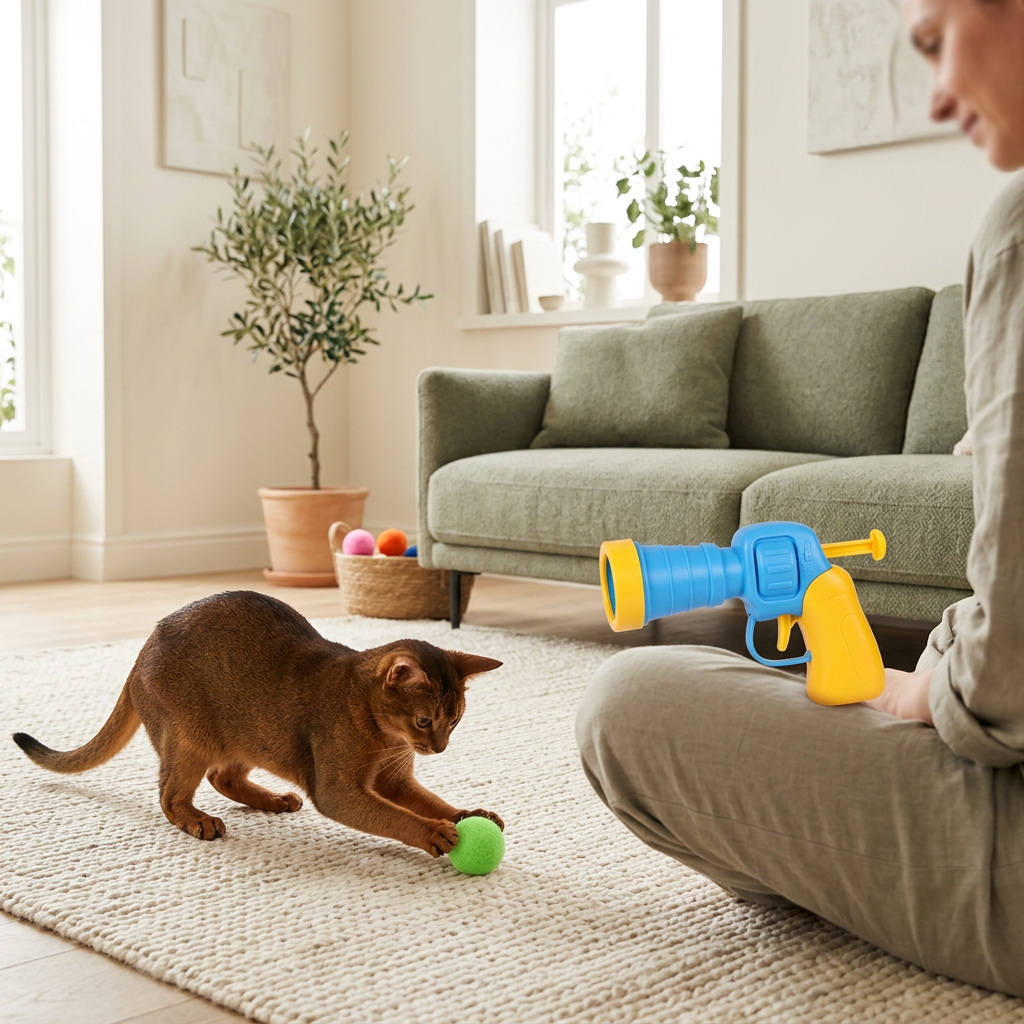 Abyssinian cat pouncing on a green pom-pom while an adult supervises